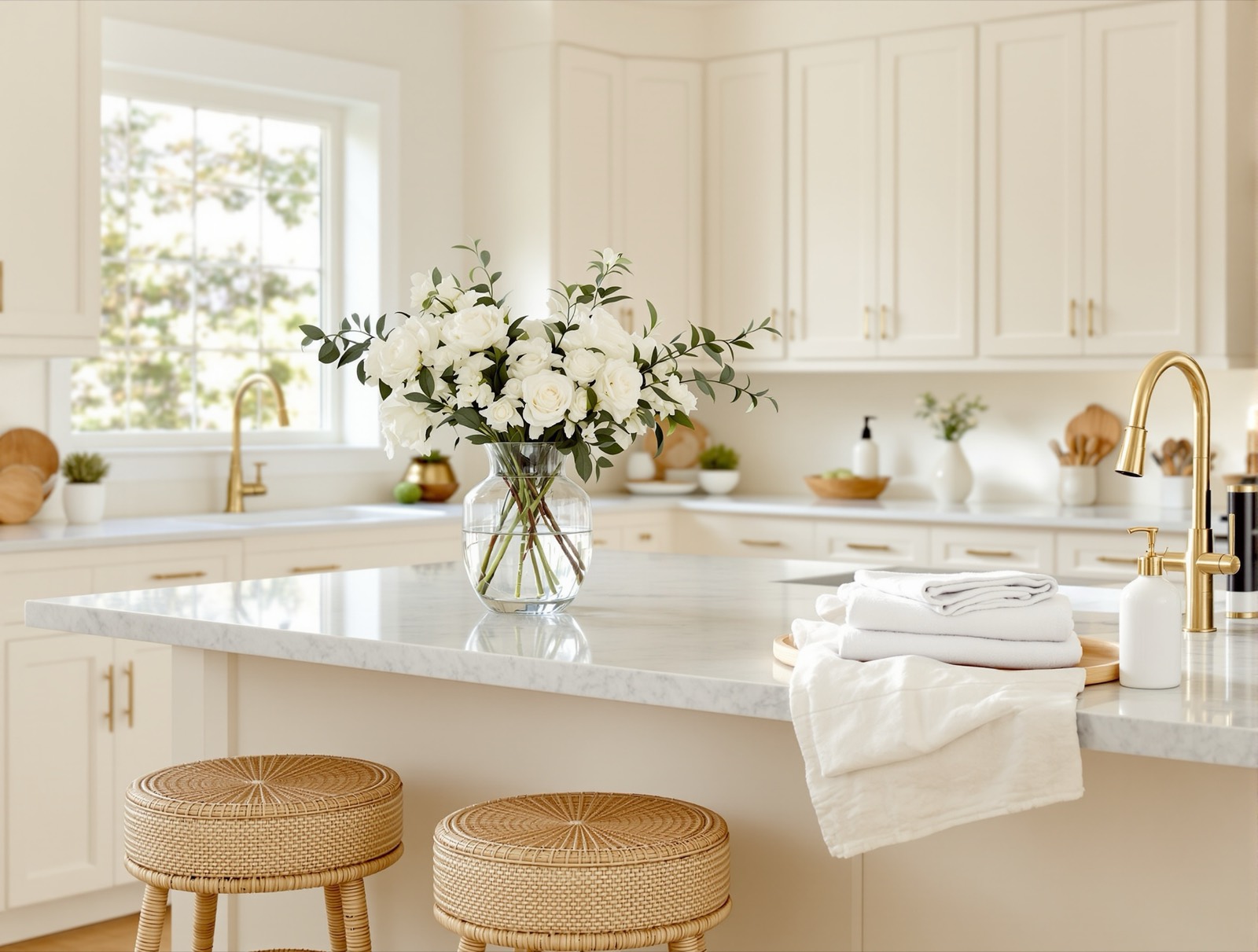 Bright, tidy luxury kitchen with folded linens, fresh white flowers and brass fixtures