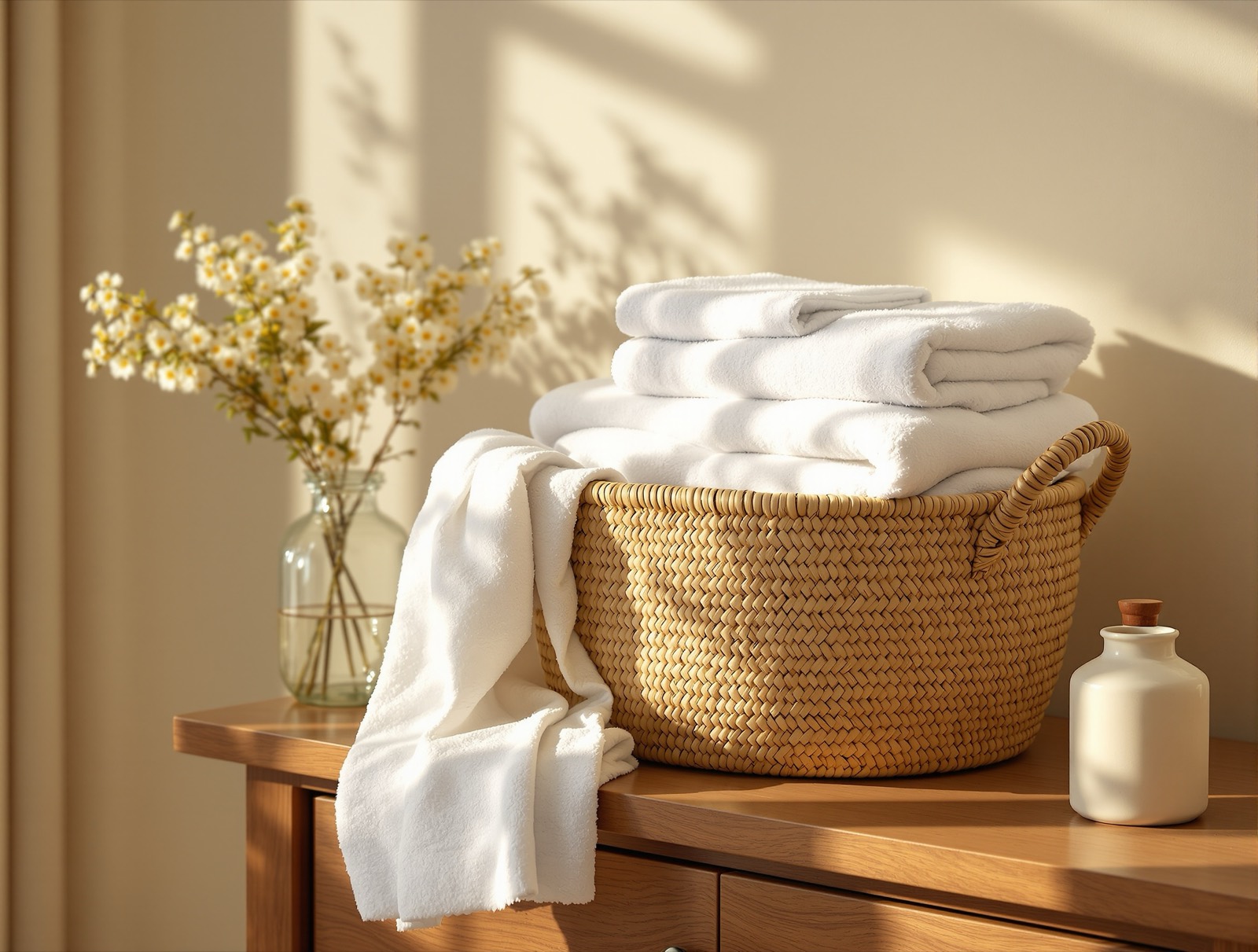 Woven basket filled with freshly folded white linens and towels in warm morning light