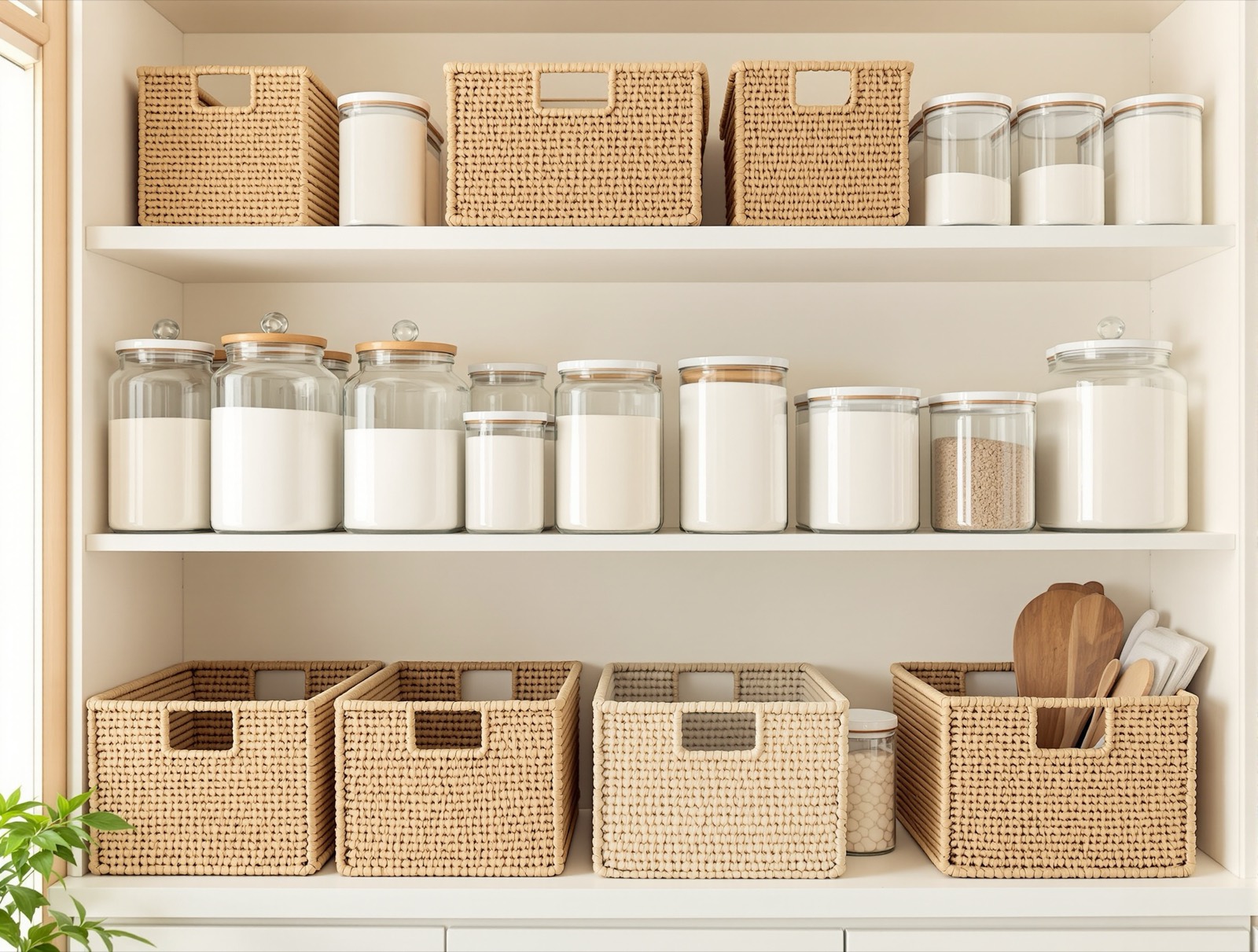Neatly organized pantry shelves with matching glass canisters and woven baskets